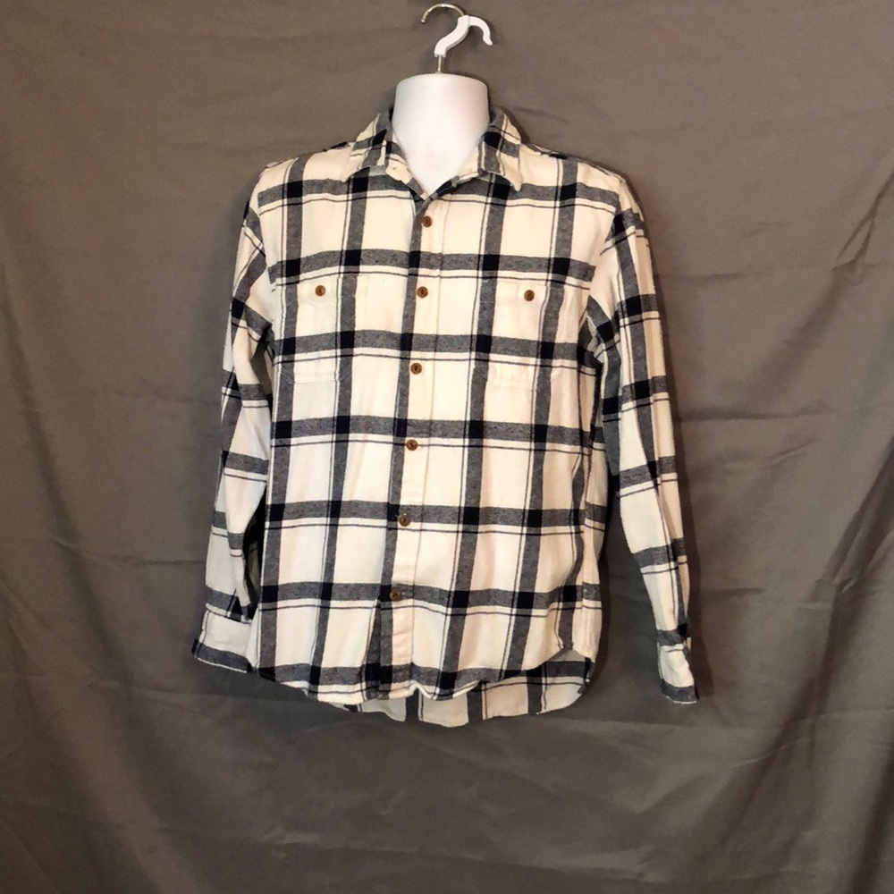 White & Navy Blue Plaid Long Sleeve Button Down